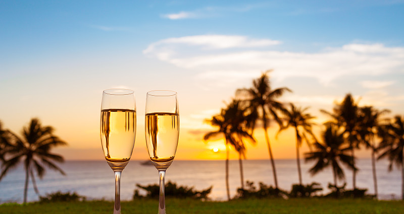 浪漫,夏威夷,香槟杯,两个座位的桌子,香槟,太平洋岛屿,约会之夜,白葡萄酒,两个物体,海滩