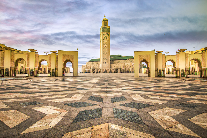 卡萨布兰卡,摩洛哥,清真寺,名声,方形画幅,前面,哈桑清真寺,宣礼塔,,全景,乌云