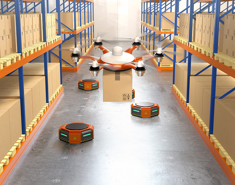 无人机,仓库,橙色,自动的,现代,自主技术,瓦楞纸板,配送中心,货盘,横截面