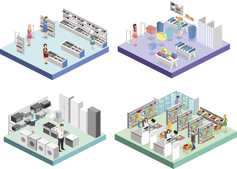 商店,购物中心,食品杂货,室内,家庭生活,计算机,设备用品,等角投影,超级市场,横截面