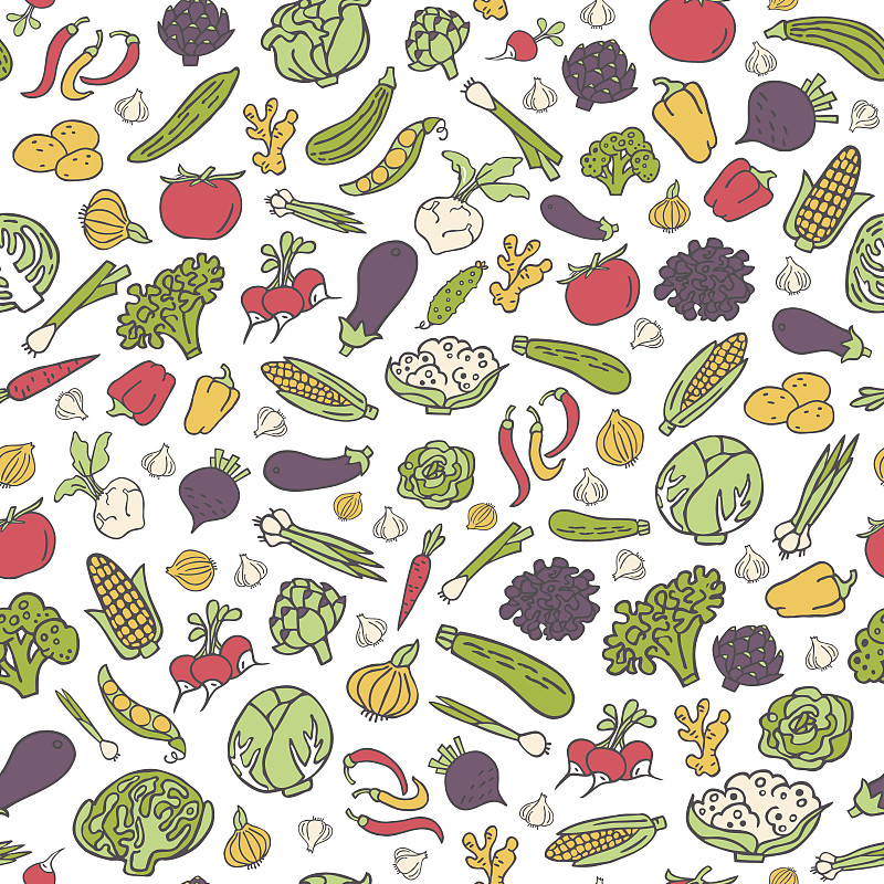 四方连续纹样,蔬菜,矢量,扁平化设计,动物手,红散叶莴苣,大头菜,卷心莴苣,芜菁,朝鲜蓟