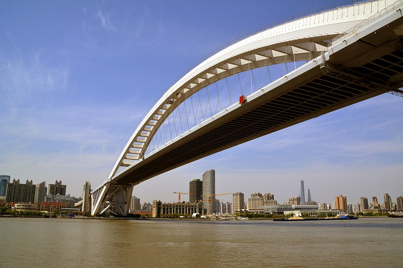 卢浦大桥,黄浦江,上海,拱桥,驳船,上海中心大厦,陆家嘴,天空,水平画幅,工业船