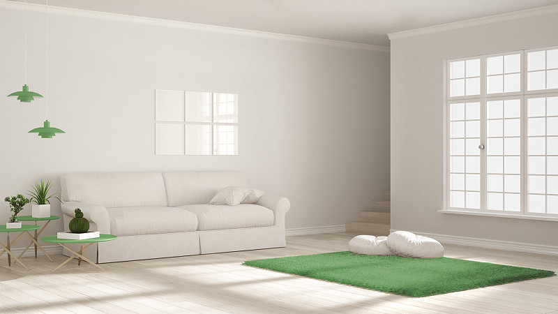 斯堪的纳维亚人,白色,生活方式,极简构图,室内设计师,绿色,简单,透明,小毯子,室内植物