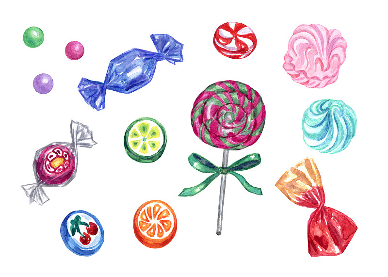 糖果店,糖果,水彩画颜料,棉花软糖,棒棒糖,式样,水平画幅,无人,绘画插图,甜食