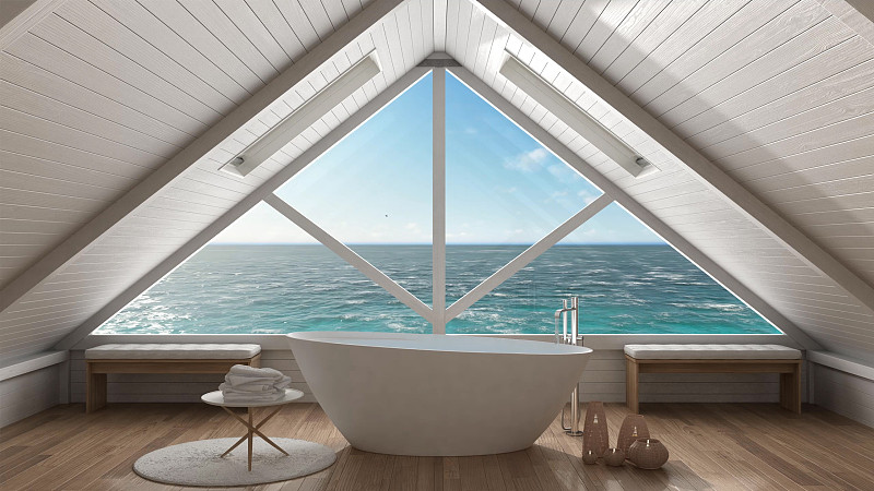 浴室,海洋,极简构图,spa美容,复式楼,窗户,全景,易接近性,北欧,室内设计师