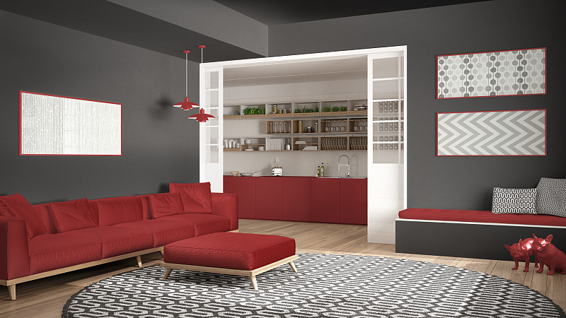 现代,沙发,红色,起居室,厨房,极简构图,地毯,室内设计师,圆形,巨大的