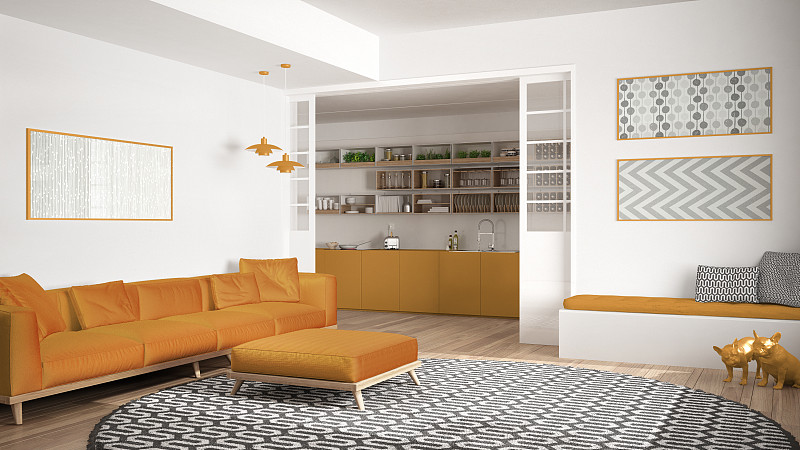 现代,沙发,白色,黄色,起居室,厨房,背景,极简构图,室内设计师,巨大的