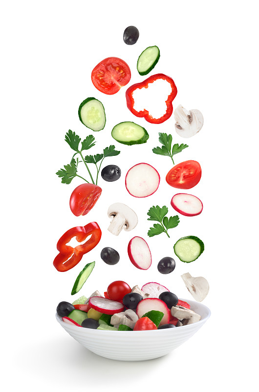 白色,沙拉,盘子,分离着色,蘑菇,绿橄榄,辣椒粉,萝卜,欧芹,成分