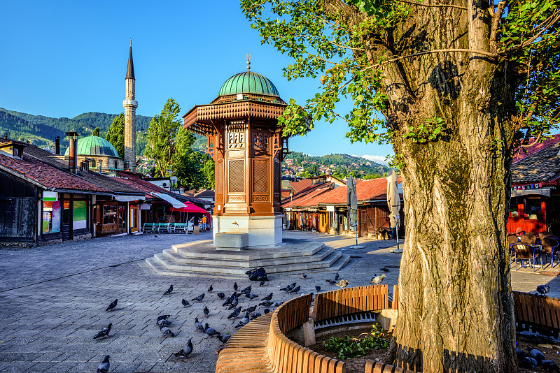 萨拉热窝,波斯尼亚和黑塞哥维那,喷泉,斯德哥尔摩老城,广场,鸽子,著名景点,夏天,户外,天空