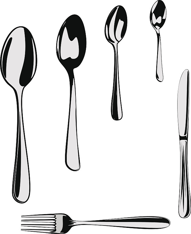 绘画插图,矢量,银餐具,分离着色,母球,汤匙,大汤匙,餐刀,餐具,垂直画幅