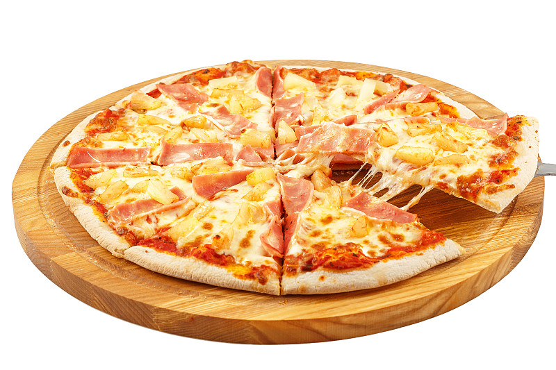 比萨饼,莫扎瑞拉奶酪,火腿,菠萝,分离着色,夏威夷披萨,冻结的,披萨店,水平画幅,传统