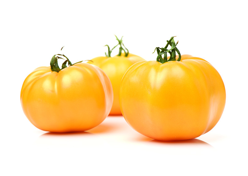 黄西红柿,自制的,白色背景,三个物体,份量,植物茎,多汁的,水平画幅,无人,生食