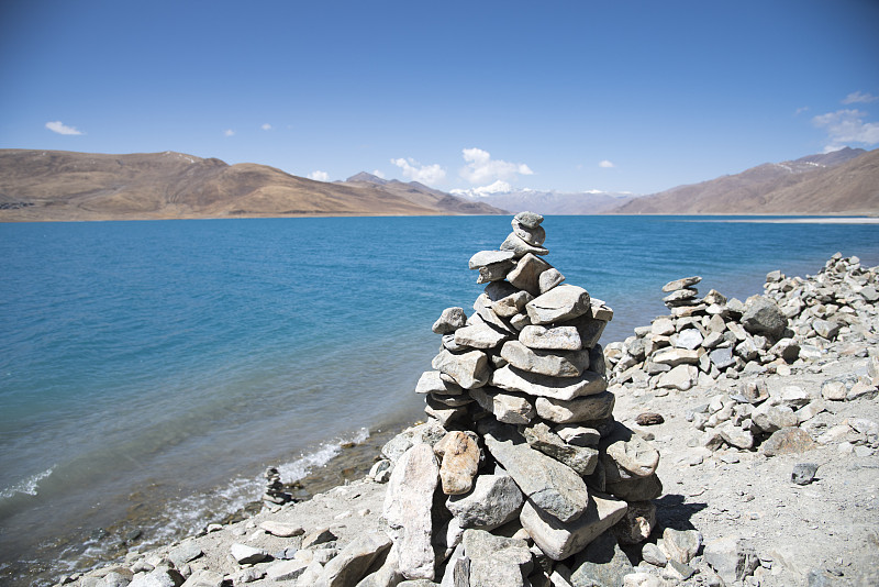 湖,石头,堆,前面,灵性,青藏高原,湖岸,飘然,滨水,运气
