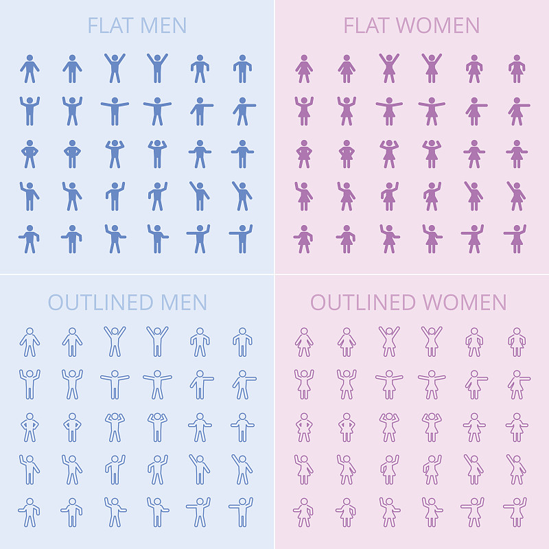 轮廓,女人,男人,平坦的,简笔人物画,细的,图标集,线条,设计元素,布置