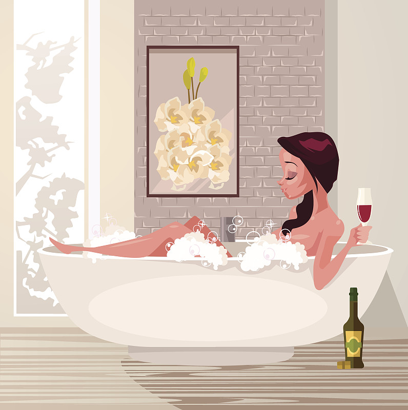 浴盆,女人,酒瓶,性格,快乐,热水池浴,放松,微笑,喝,取得