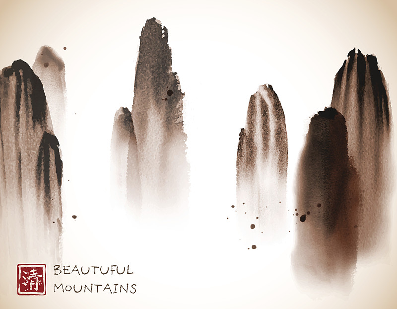 岩石,雾,墨水,山,高雅,铀,地狱,传统,水墨画,绘制