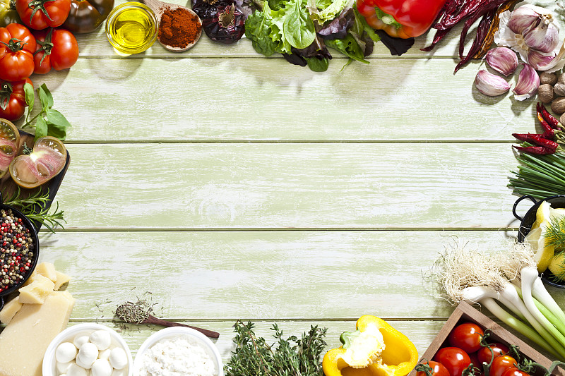 成分,清新,调味品,绿色,餐桌,绿色背景,蔬菜,蒜瓣,橄榄油,肉豆蔻