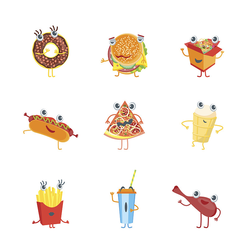 性格,卡通,矢量,符号,彩色图片,快餐,三明治,炸薯条,比萨饼,牛肉汉堡