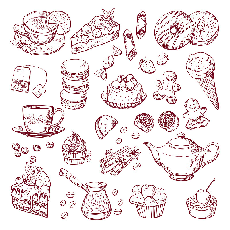 茶,咖啡,绘画插图,纸杯蛋糕,矢量,手,天气,糖果店,与众不同,绘制