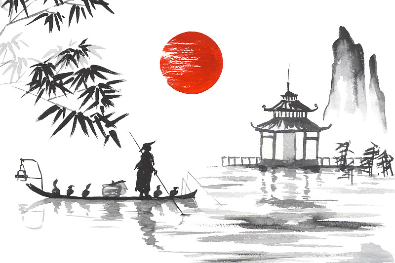 传统,日本人,日本,船,烟灰墨,男人,日本阿尔卑斯山脉,竹子叶