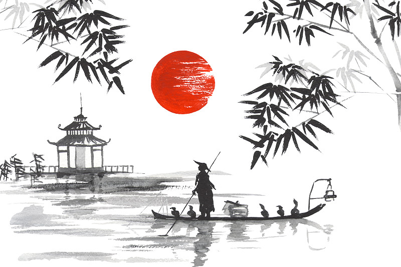 传统,日本人,日本,船,男人,烟灰墨,竹子叶,水墨画