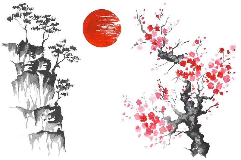 樱之花,传统,日本人,日本,日光,烟灰墨,日本阿尔卑斯山脉,墨水和刷子,水墨画