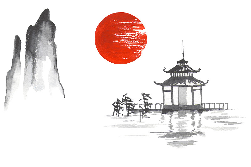 山,传统,日本人,日本,寺庙,日光,烟灰墨,水墨画