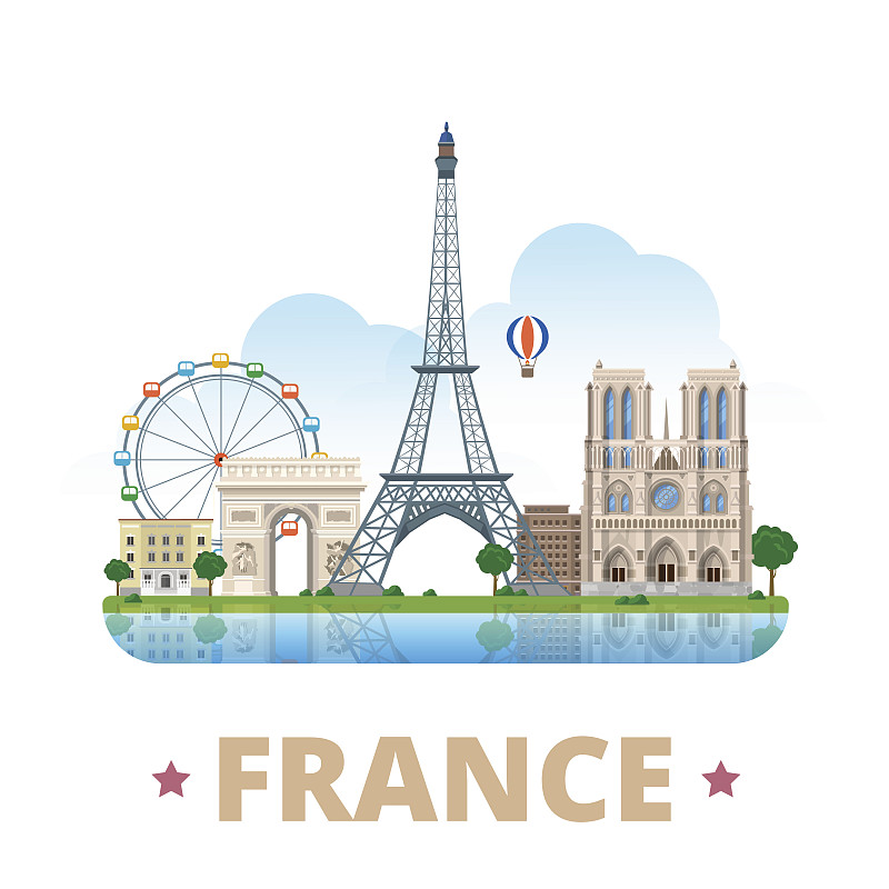 巴黎圣母院,埃菲尔铁塔,平坦的,法国,模板,绘画插图,卡通,欧洲,矢量,设计