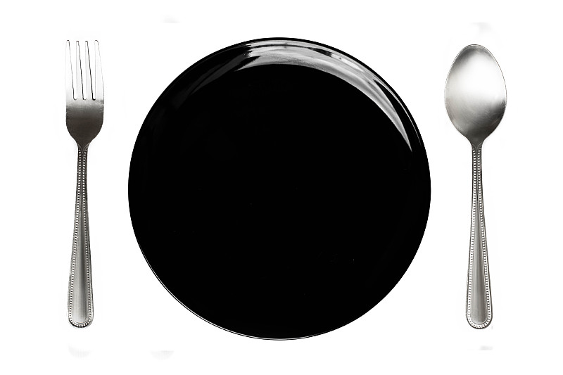 汤匙,盘子,银色,黑色,白色背景,分离着色,碗碟架,空板,正餐宴会,份量