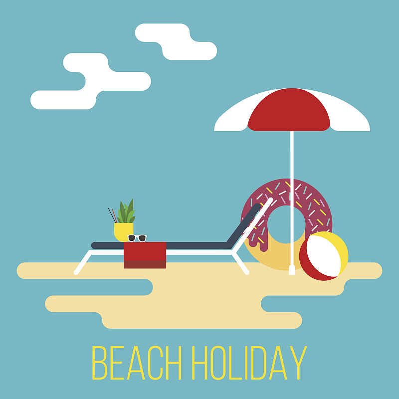 绘画插图,夏天,矢量,海滩度假,扁平化设计,海边高地,休闲椅,鸡尾酒,伞,球