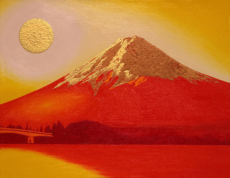 河口湖からの金の太陽の赤富士