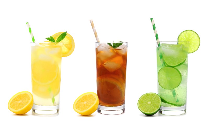 冰茶,柠檬水,三个物体,玻璃杯,饮料,夏天,分离着色,白色,冷饮,冰块