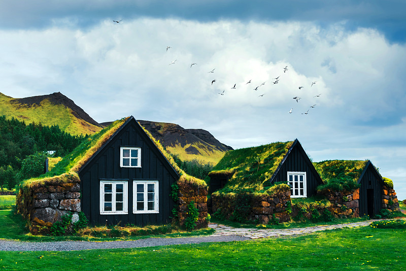 房屋,史克卡瀑布,苔藓,草皮,冰岛国,雷克雅未克,山,水平画幅,无人