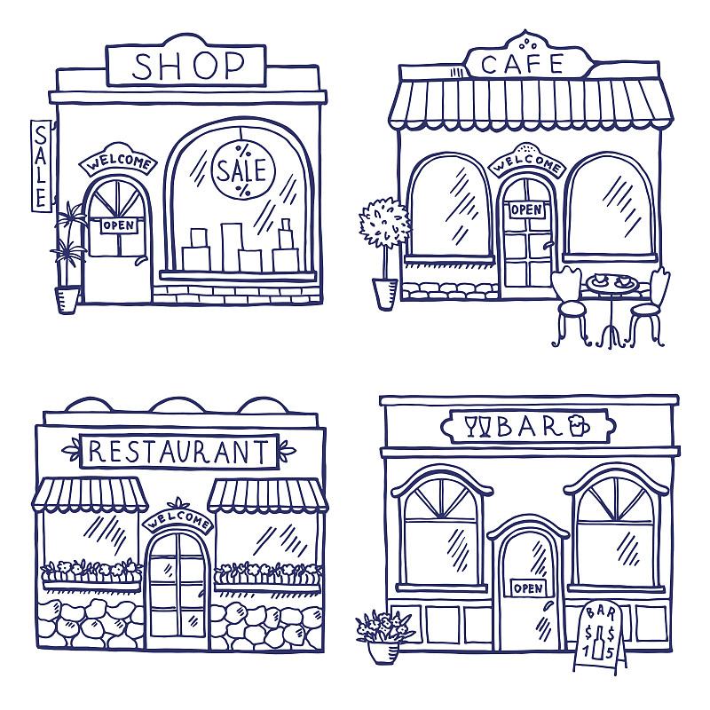 绘画插图,商店,咖啡馆,市场,手,餐馆,建筑外部,个性,安全护栏,绘制
