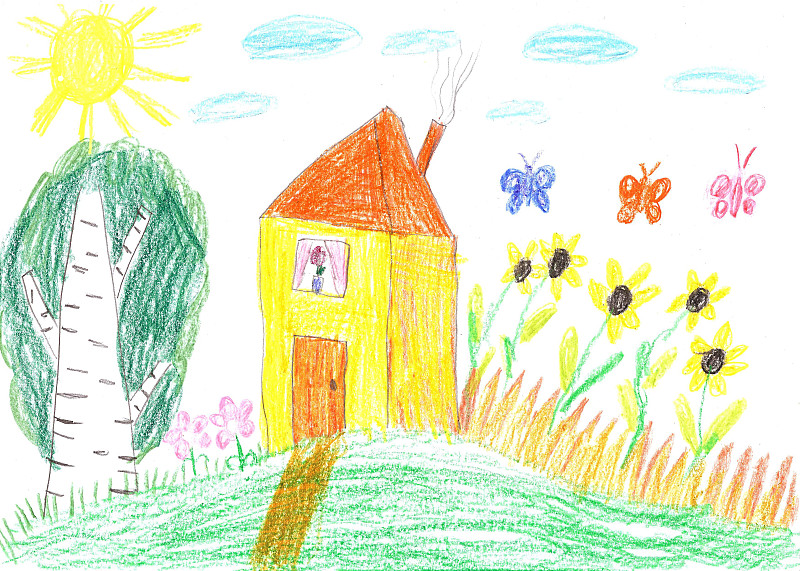 儿童,房屋,儿童画,正面视角,绘画插图,艺术,水平画幅,鸟类,艺术品