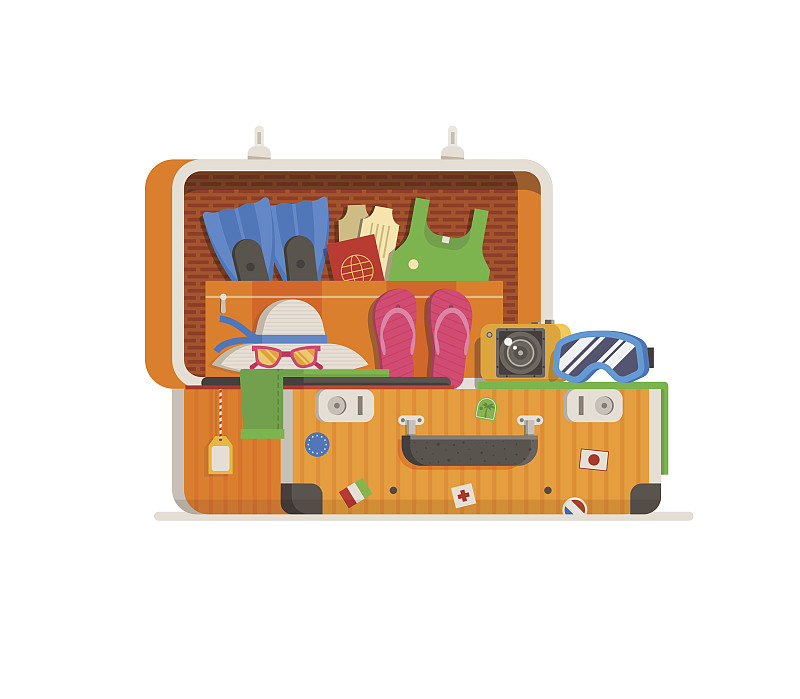 手提箱,充满的,组物体,旅行贴纸,塞满了的,行李,公文包,开着的,扁平化设计,水平画幅