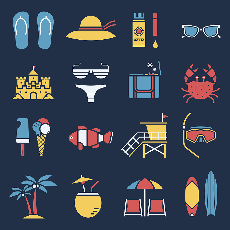 夏天,海滩,计算机图标,保鲜袋,可密封的,沙雕,耀斑,潜水镜,大桶,拖鞋