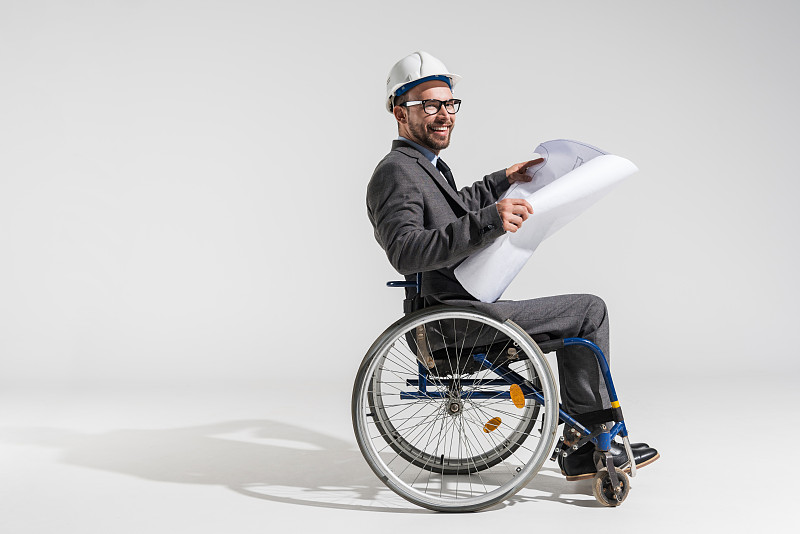 轮椅,蓝图,拿着,建筑师,残疾人,白色,分离着色,轮椅坡道,轮椅通道,能力缺陷者