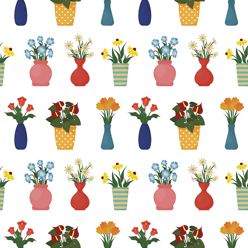 花瓶,室内植物,花盆,四方连续纹样,背景,绘画插图,矢量,锅,扁平化设计,花