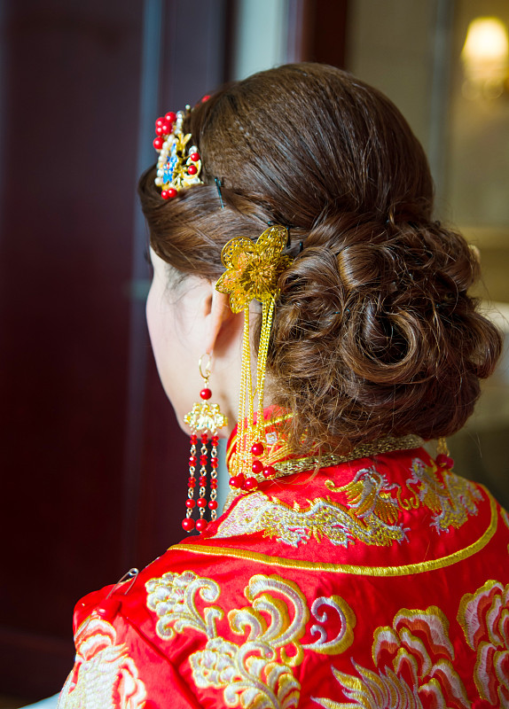 特写,中国人,新娘,发型,发夹,结婚庆典,婚纱,婚礼,典礼,手镯