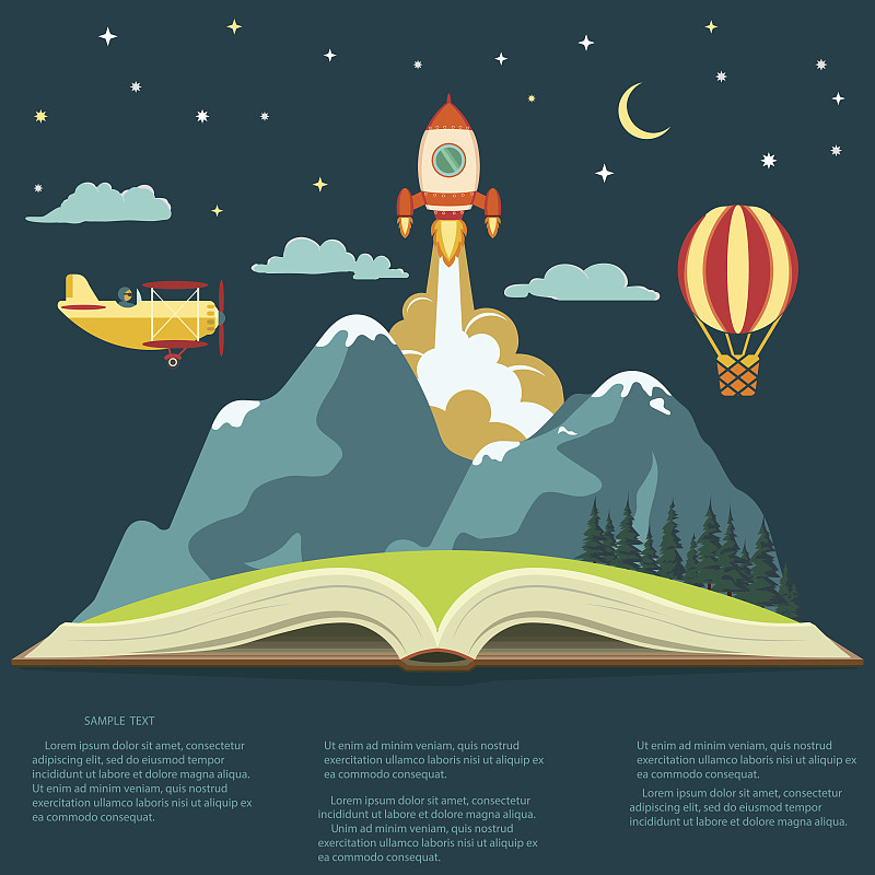书,热气球,火箭,开着的,山,概念,飞机,讲故事,童话故事,纸飞机