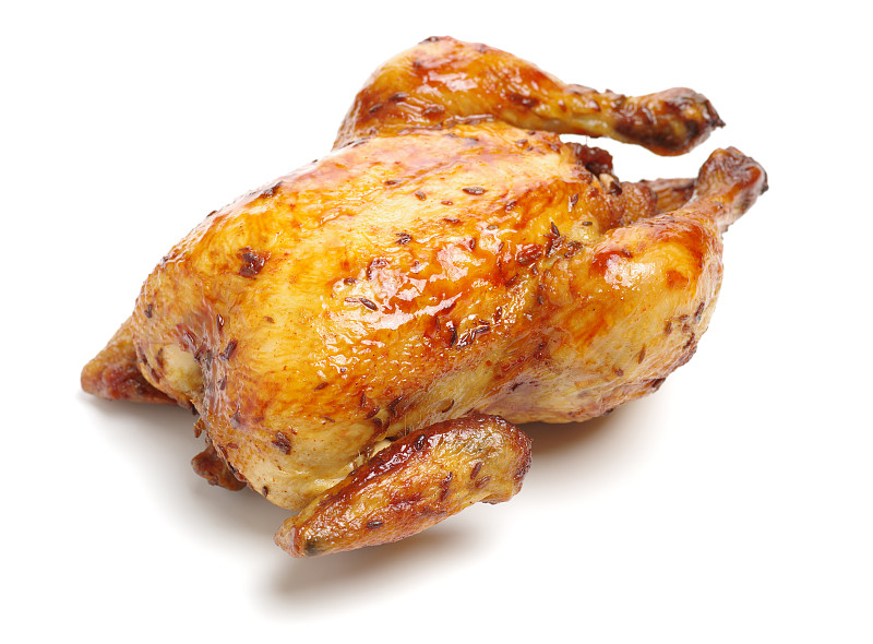 烤鸡,白色背景,鸡肉,与众不同,串肉签,白肉,家禽,自制的,背景分离,有机食品