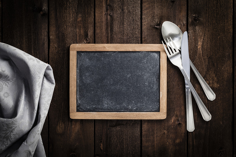 黑板,木制,桌子,炊具刀,菜单,餐刀,食谱,餐馆,成组图片,空的