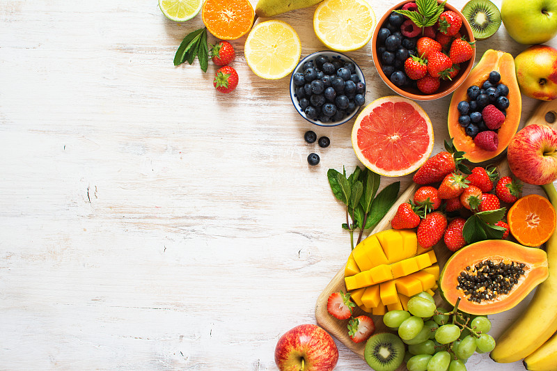 水果,白色,视角,彩虹,水果沙拉,热带水果,奇异果-水果,多汁的,薄荷叶,芒果