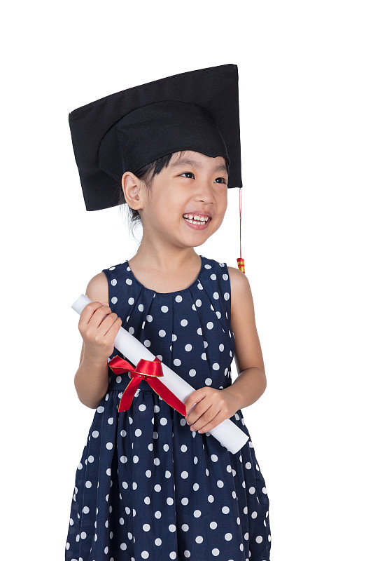 文凭,中国人,小的,拿着,女孩,学位帽,亚洲,衣服,仅一个女孩,小学