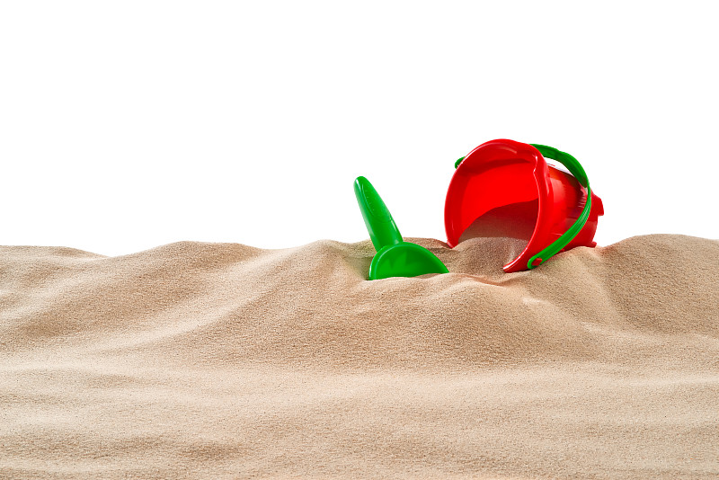 沙丘,沙子,海滩,剪贴路径,玩具,白色背景,前面,沙坑,喷壶,耙子