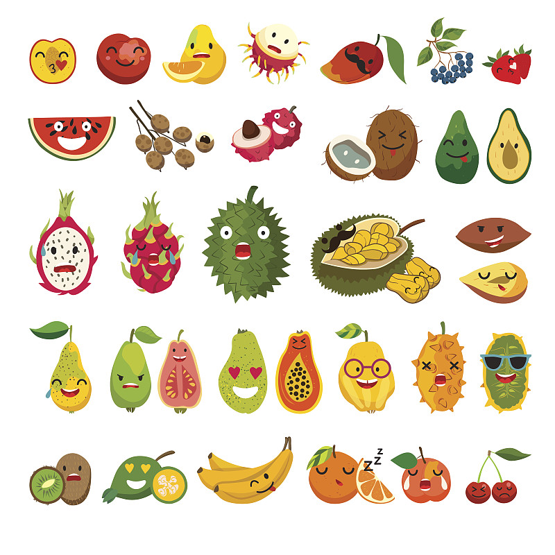 矢量,热带水果,可爱的,标签,网络表情,榴莲,红毛丹,菠萝蜜,番石榴,荔枝