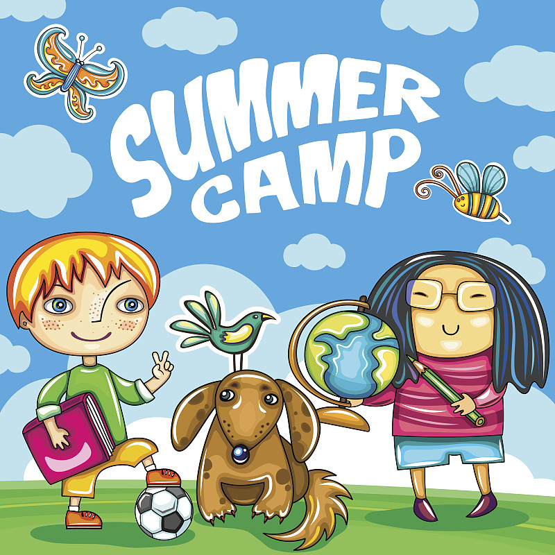 夏令营,儿童,组图,儿童足球,游乐场,天空,青少年,贺卡,绘画插图