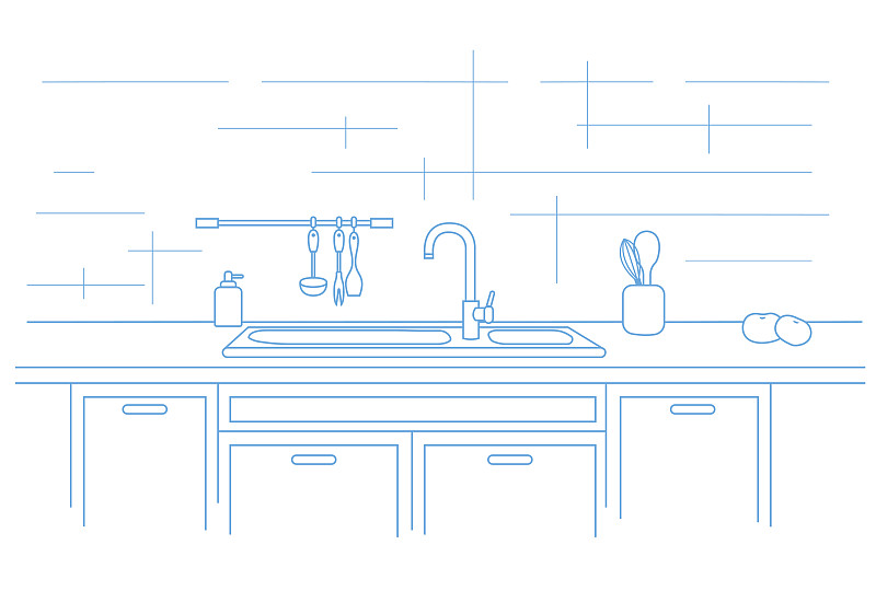 水槽,灶台,绘画插图,矢量,直的,长柄勺,水龙头,水管,烹调用具,轮廓