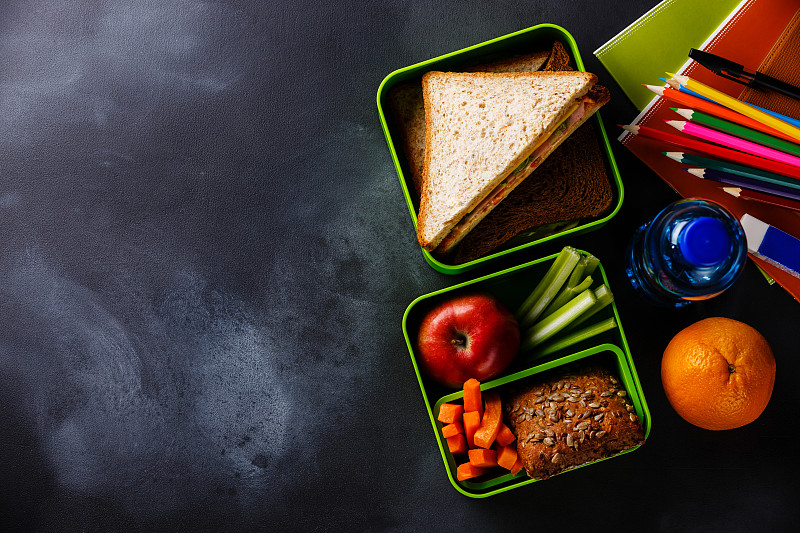 午餐盒,学校用品,三明治,水瓶,学校餐,盒装午餐,芹菜,电子阅读器,外卖食品,胡萝卜